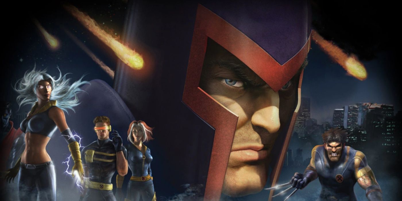 Arte promocional de X-Men Legends com membros da equipe titular e Magneto ao fundo.