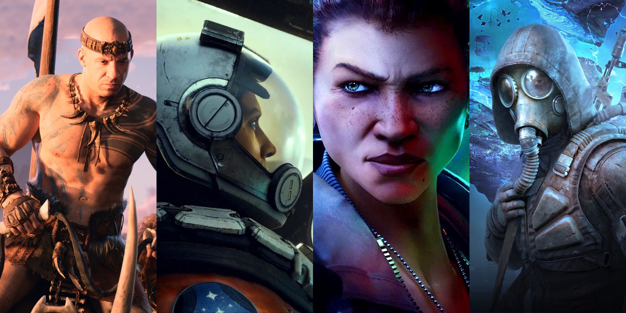 An image split vertically to show characters from four Xbox games expected to launch in 2023, from left to right: Vin Diesel's character from Ark 2, an astronaut in Starfield, one of the main characters in Redfall, and someone wearing a gas mask from Stalker 2: Heart of Chernobyl.