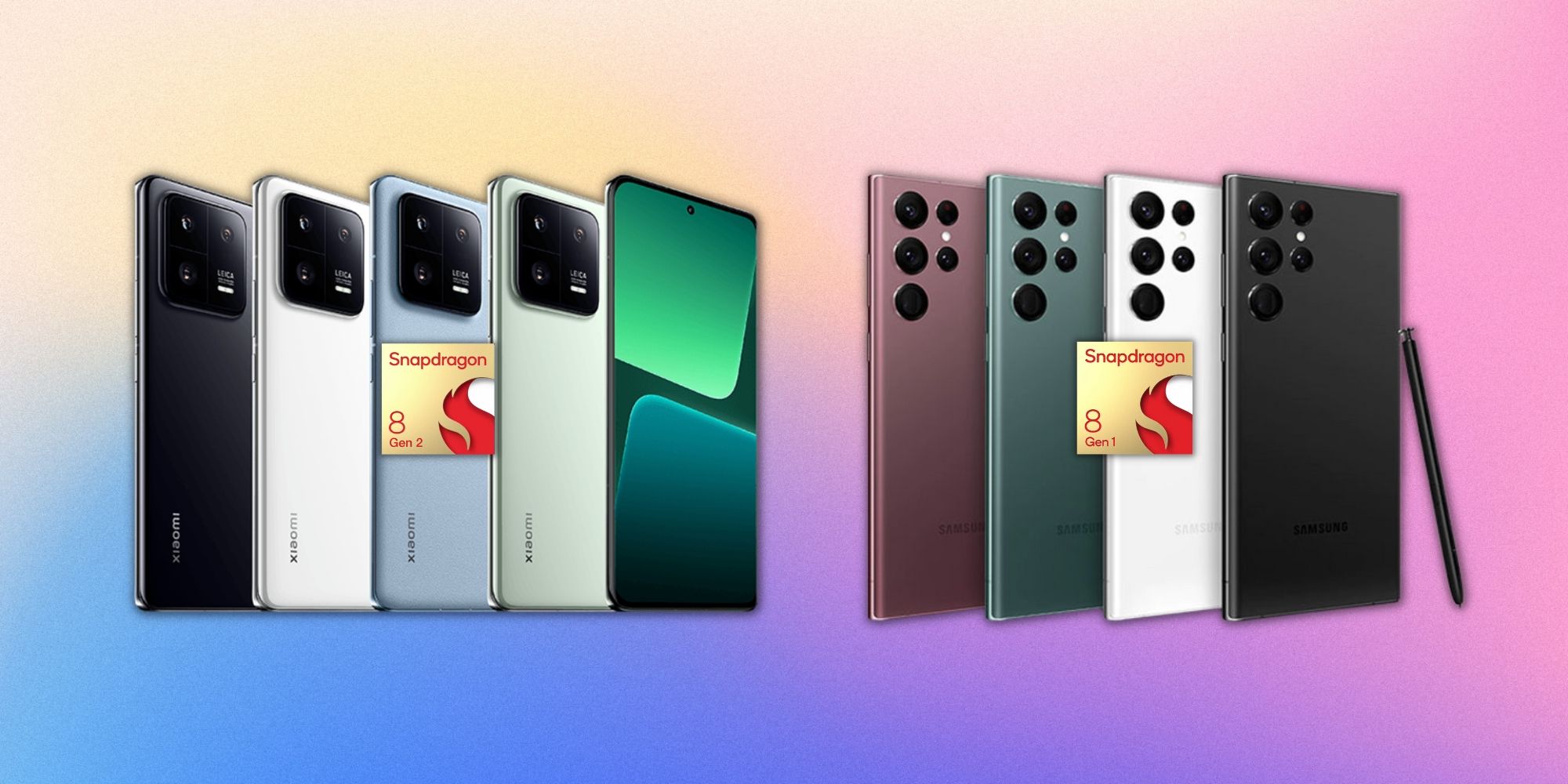 Todos os acabamentos do Xiaomi 13 Pro e do Galaxy S22 Ultra em um fundo colorido