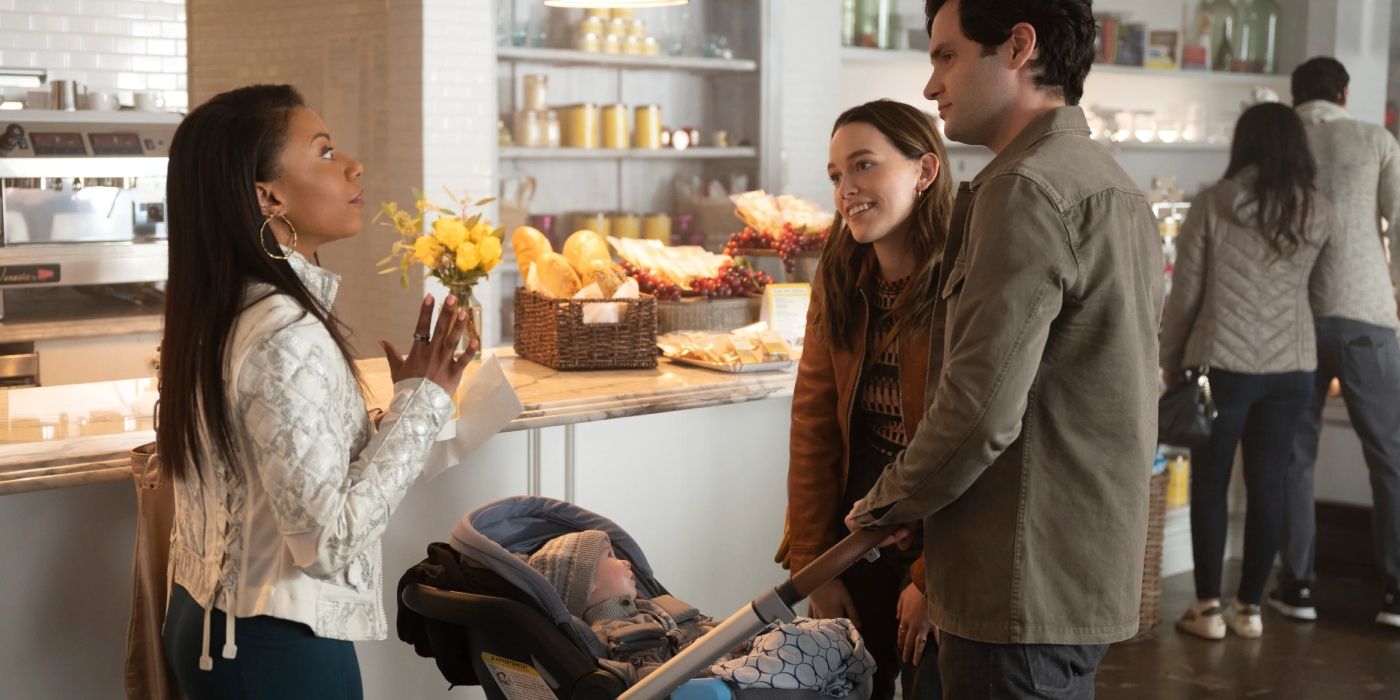 Sherry talking to Joe, Love and baby Henry in a bakery in You