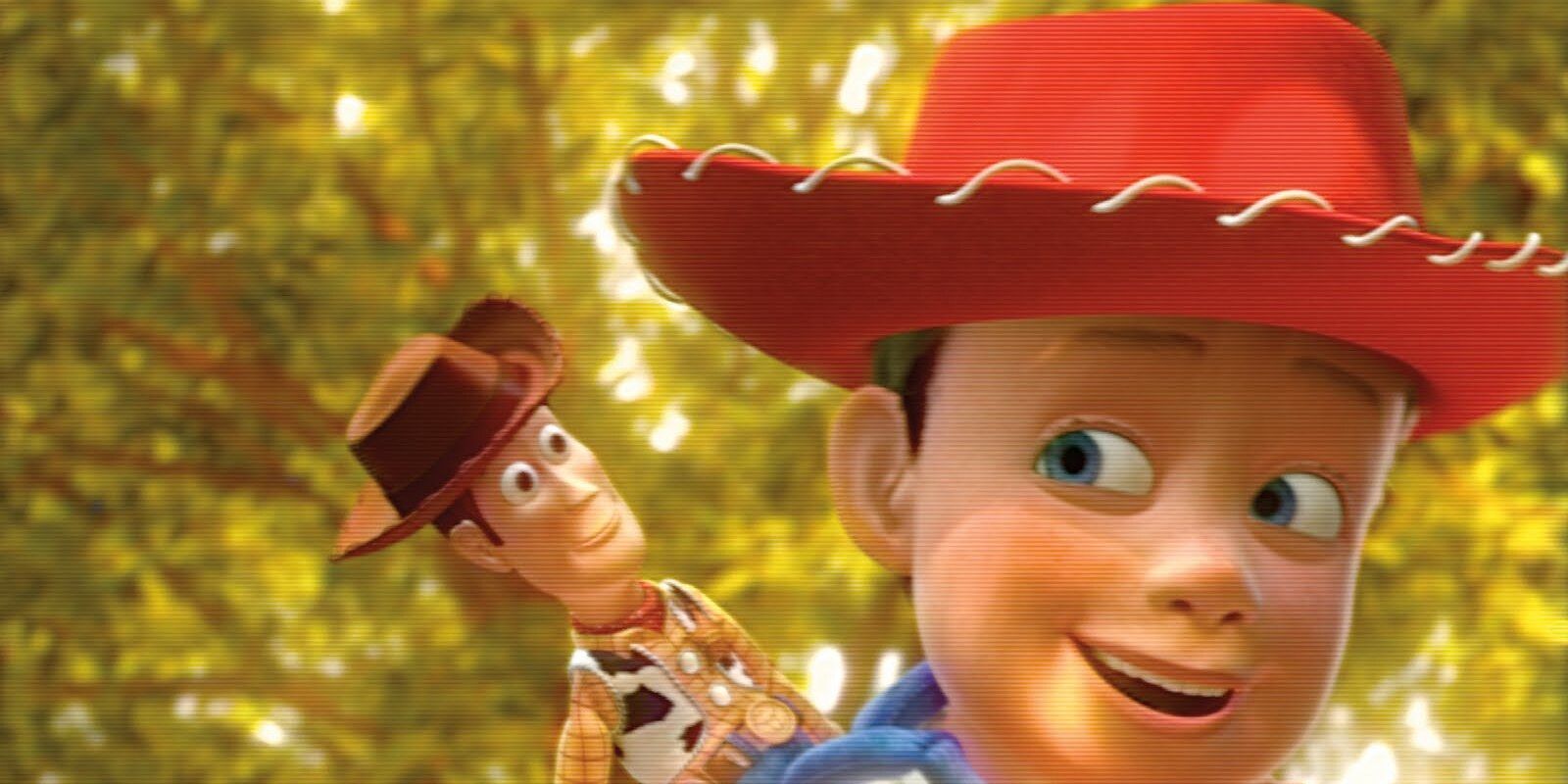 Andy in his red cowboy hat with Woody on his shoulder in Toy Story