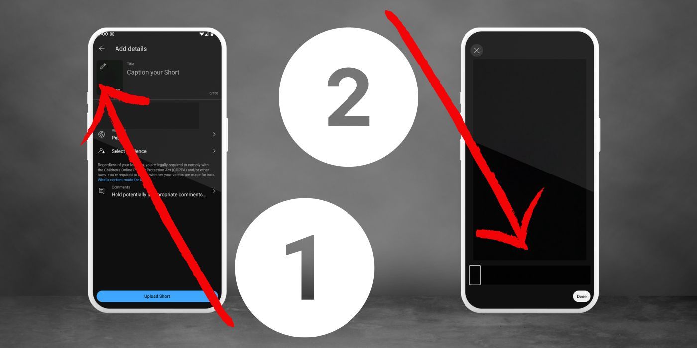 Two phones with snapshots of YouTube Shorts post-edit screens. The first phone features an arrow pointing at the pencil icon over the thumbnail. The arrow on the second phone points toward the timeline.