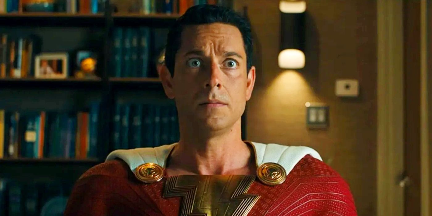 Zachary Levi looking worried as Shazam.