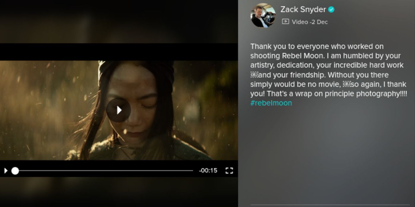 Postagem de mídia social por Zack Snyder com player de vídeo mostrando a foto de Rebel Moon junto com a legenda de Snyder