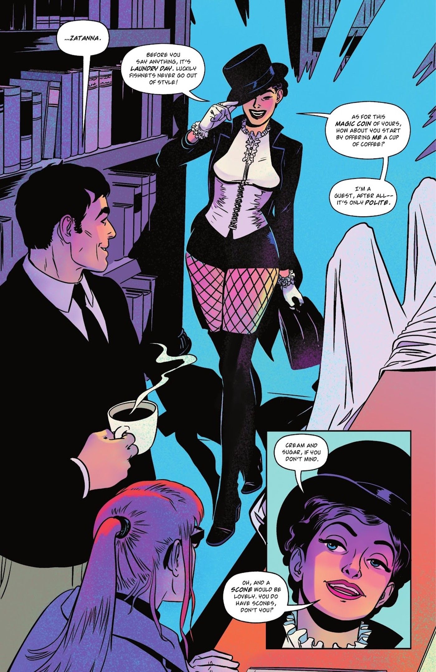 Zatanna vestindo seu traje de mágico de palco atualizado, conversando com Bruce Wayne e Barbara Gordon