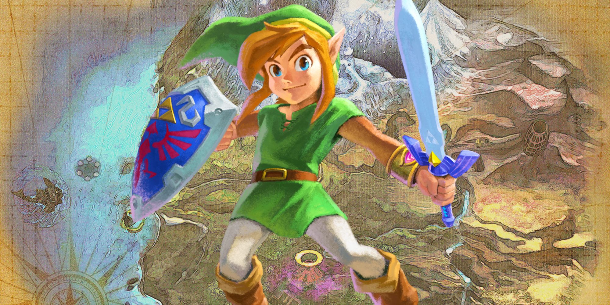 Artwork of Link from A Link Between Worlds in front of a map of Majora's Mask's Termina.