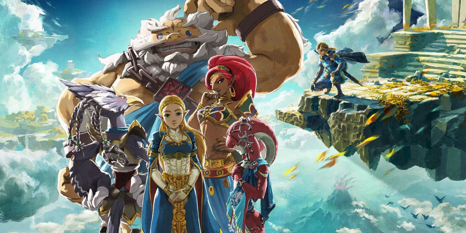 Os quatro campeões de Breath of the Wild cercando Zelda, colocados sobre um fundo da arte promocional de Tears of the Kingdom, onde Link se agacha na beira de uma ilha flutuante.