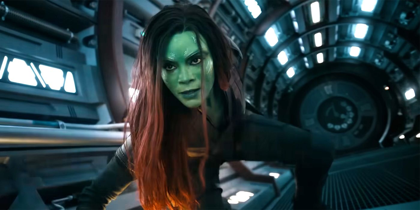 Zoe Saldaña as Gamora making a landing pose in Guardians of the Galaxy Vol. 3