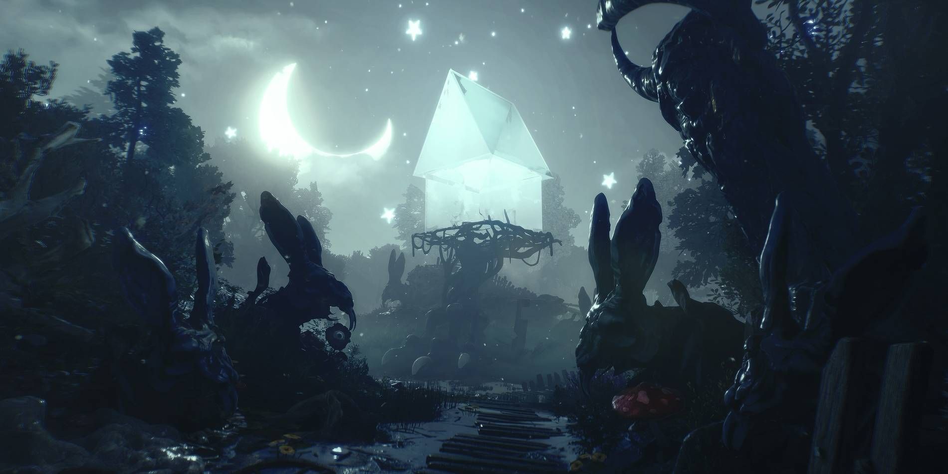 Blacktail Yaga Hut in Forest with Multiple Creatures at Night Illuminated by Crescent Moon
