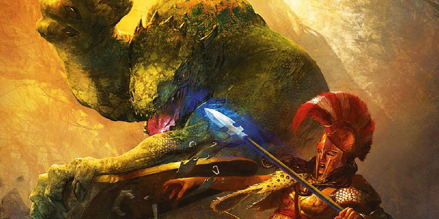 Hoplite fighting a monster in Mythras