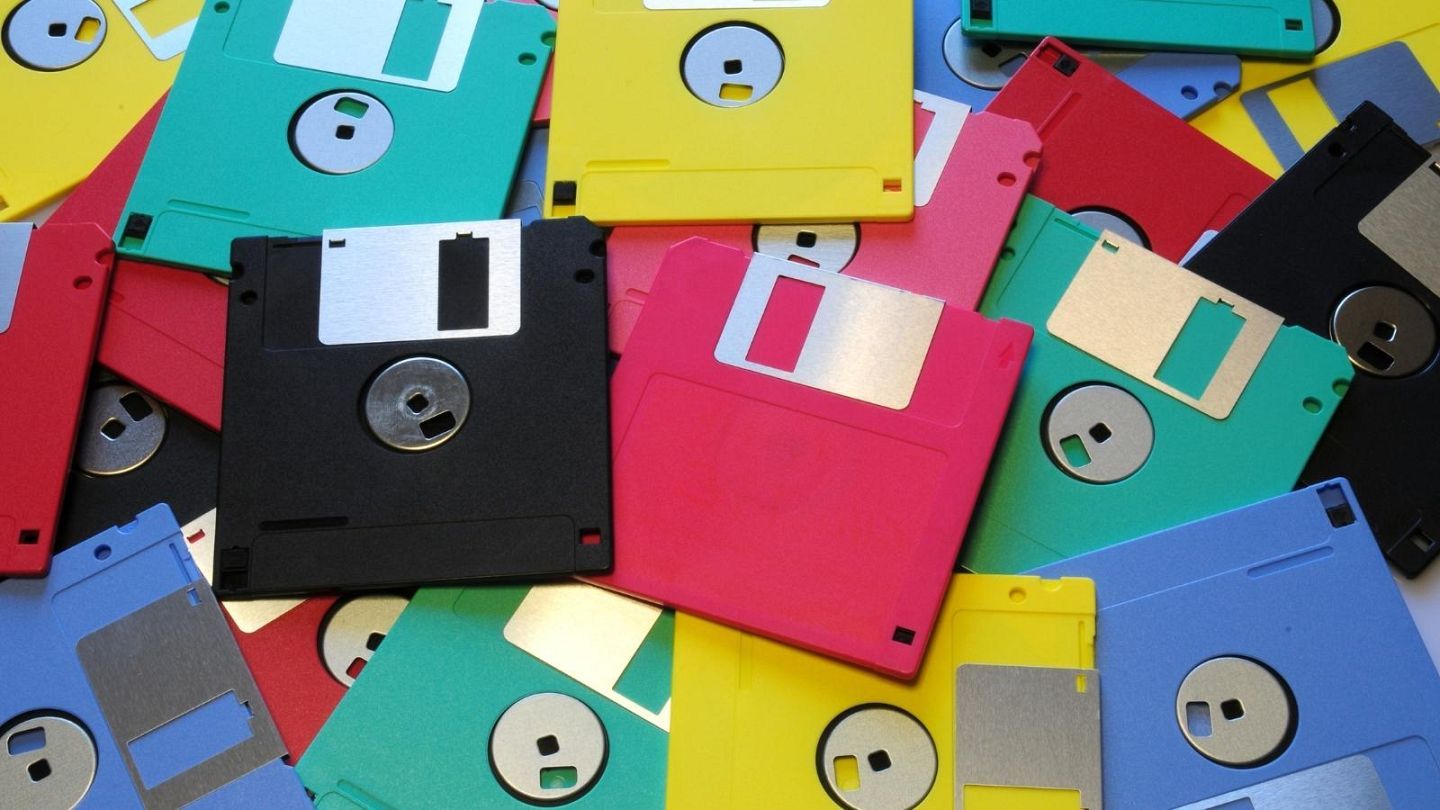 A pile of colorful floppy disks