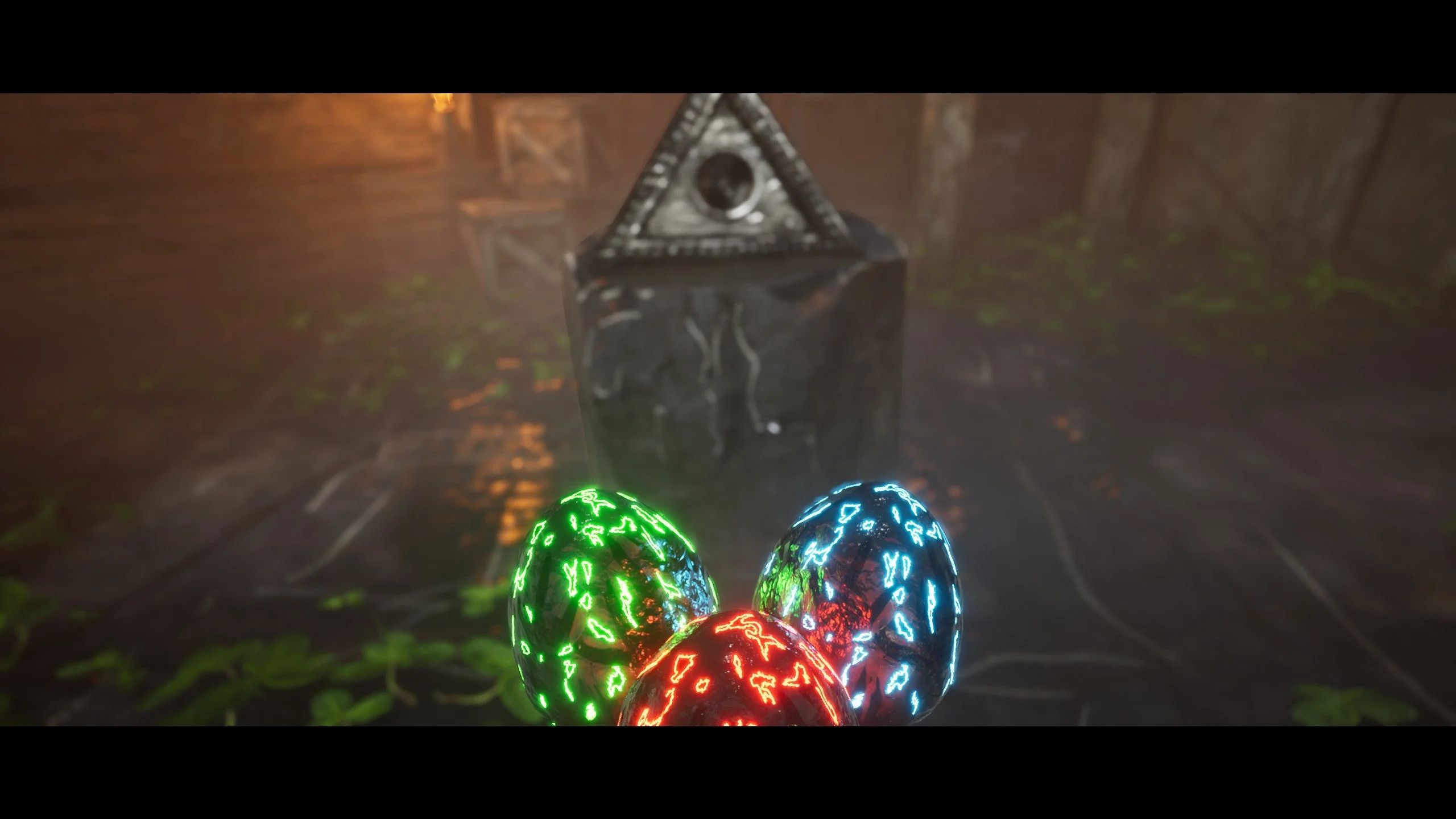 O final do jogo de Choo-Choo Charles, enquanto o jogador se prepara para colocar os Ovos de Monstro Verde, Vermelho e Azul no Prisma para convocar Charles.