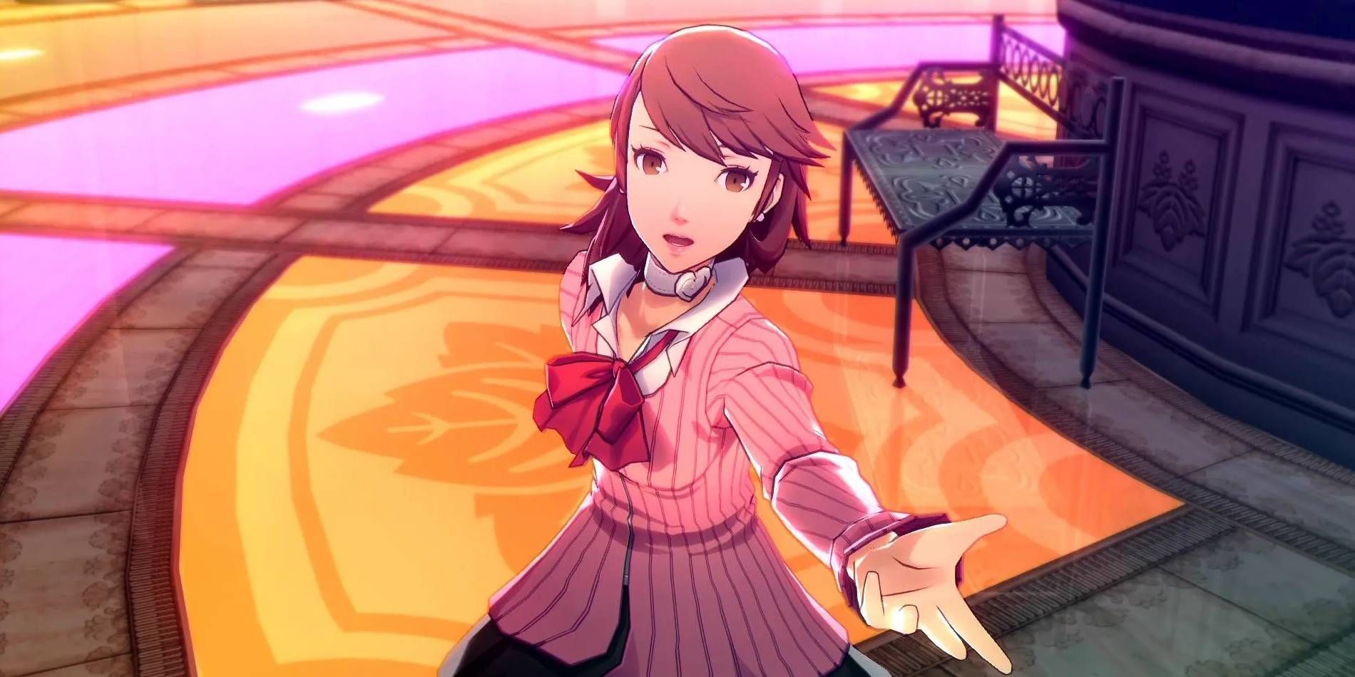 Persona 3's Yukari Takeba dancing with her arm outstretched and looking toward the camera.