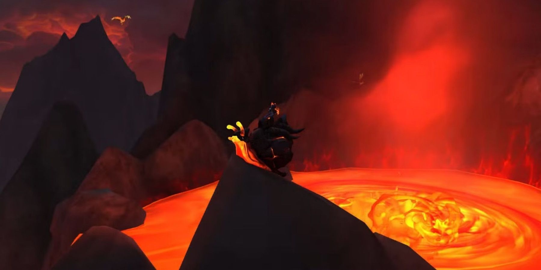 Un joueur utilisant la monture Magmashell dans WoW : Dragonflight près d'une mare de lave