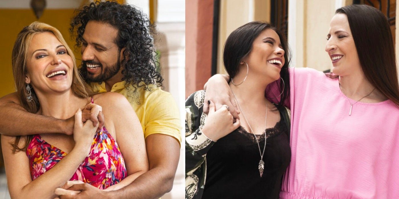 90 Day Fiance The Other Way Season 4 Jen and Rishi smiling and Kris and Jeymi hugging split image