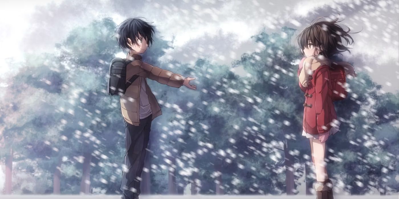 A boy reaches out his hand to a girl in the snow in Erased