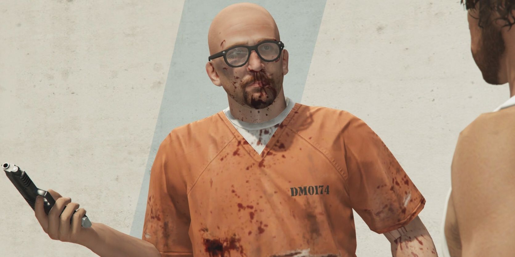 A character in an orange jumpsuit wielding a gun in GTA Online Prison Break Heist