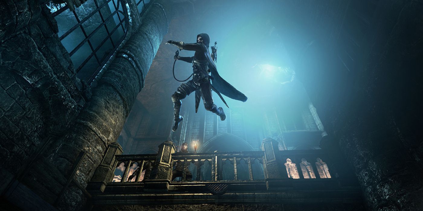 A character jumps in an old building in Thief 2014