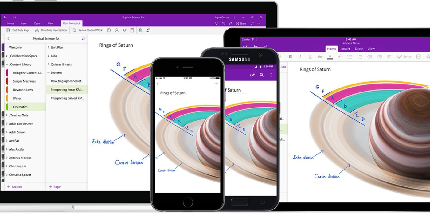 Illustration of planets across different devices in Microsoft OneNote