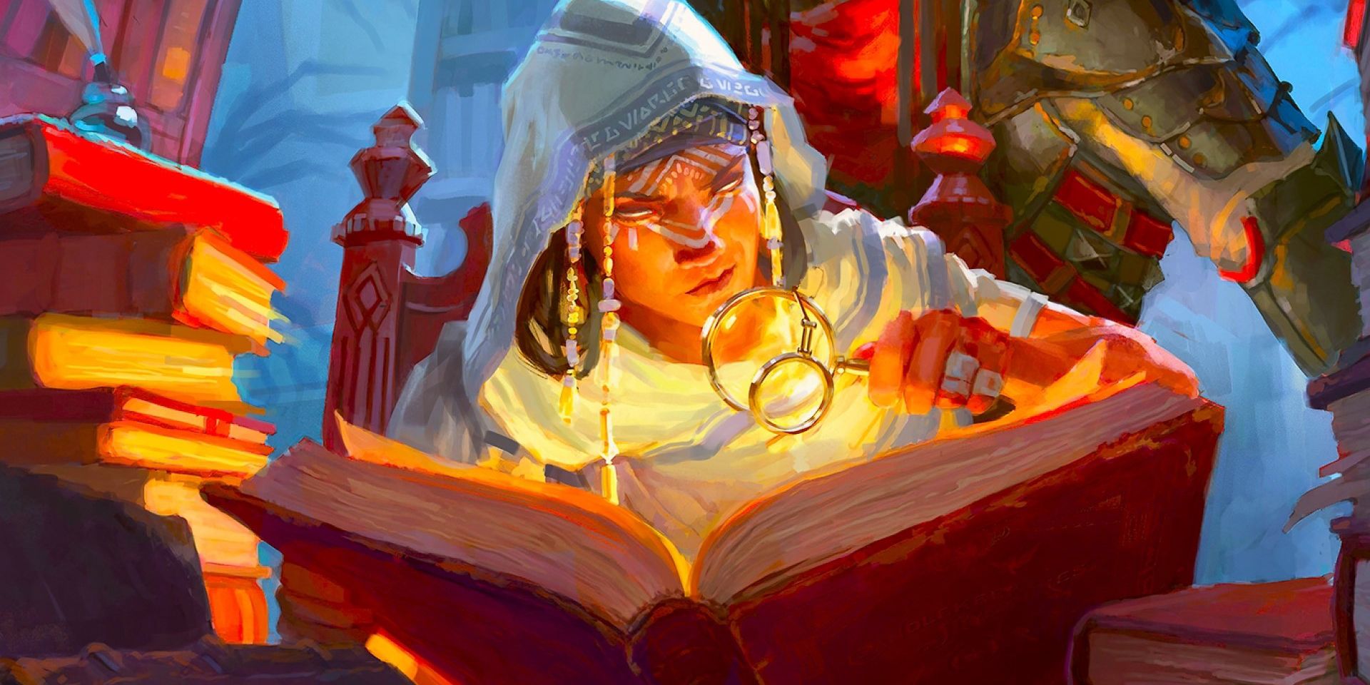 A Dungeons and Dragons character examines a book with a magnifying glass.