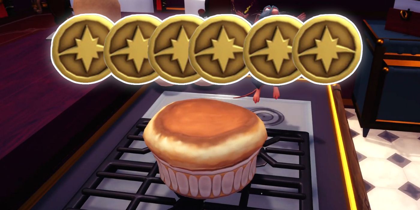 A Line of Star Coins over a Soufflé atop a Stove in Dreamlight Valley