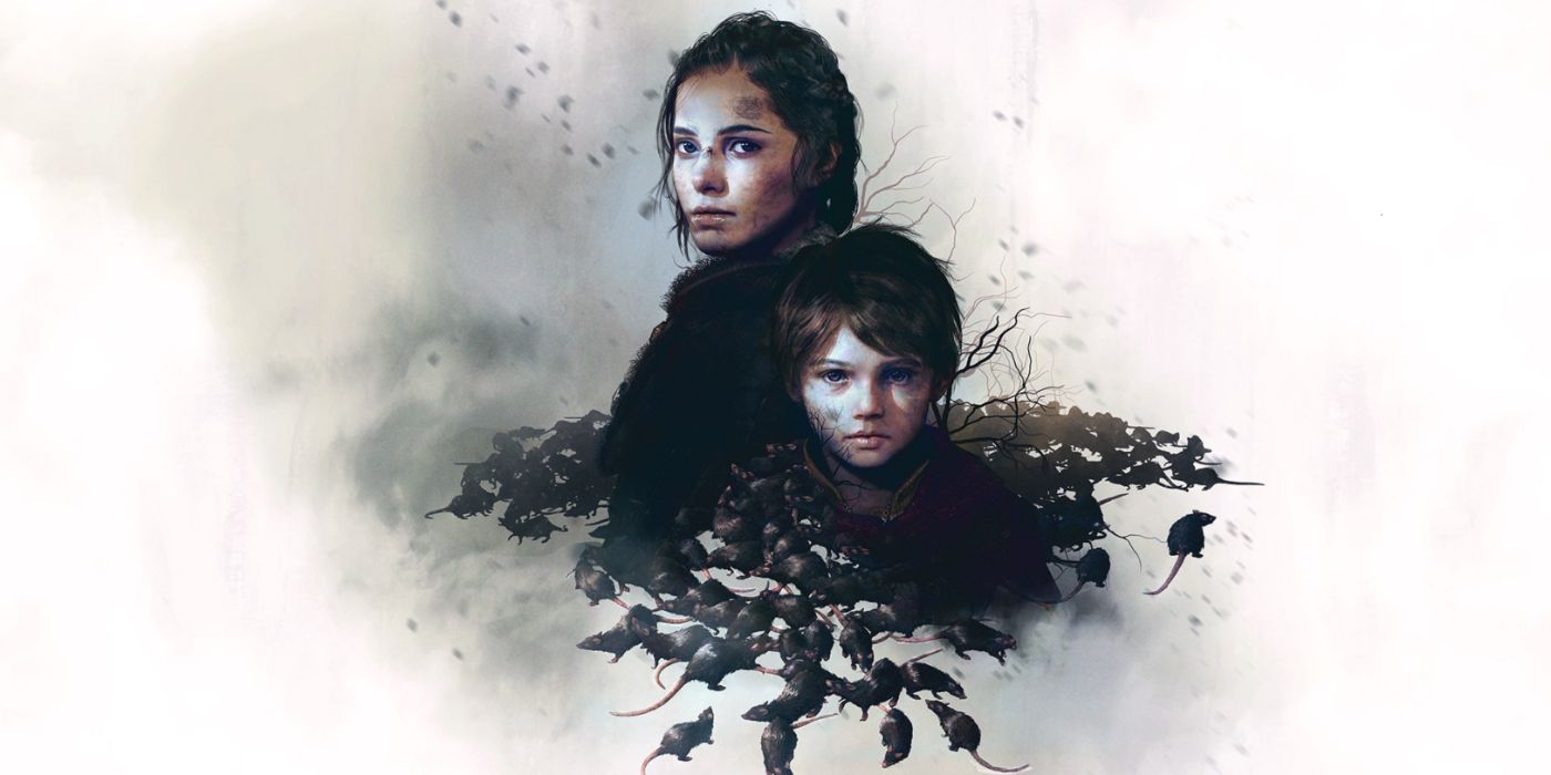 A Plague Tale: Innocence promo art featuring headshots of Amicia and Hugo with hordes of rats around them.