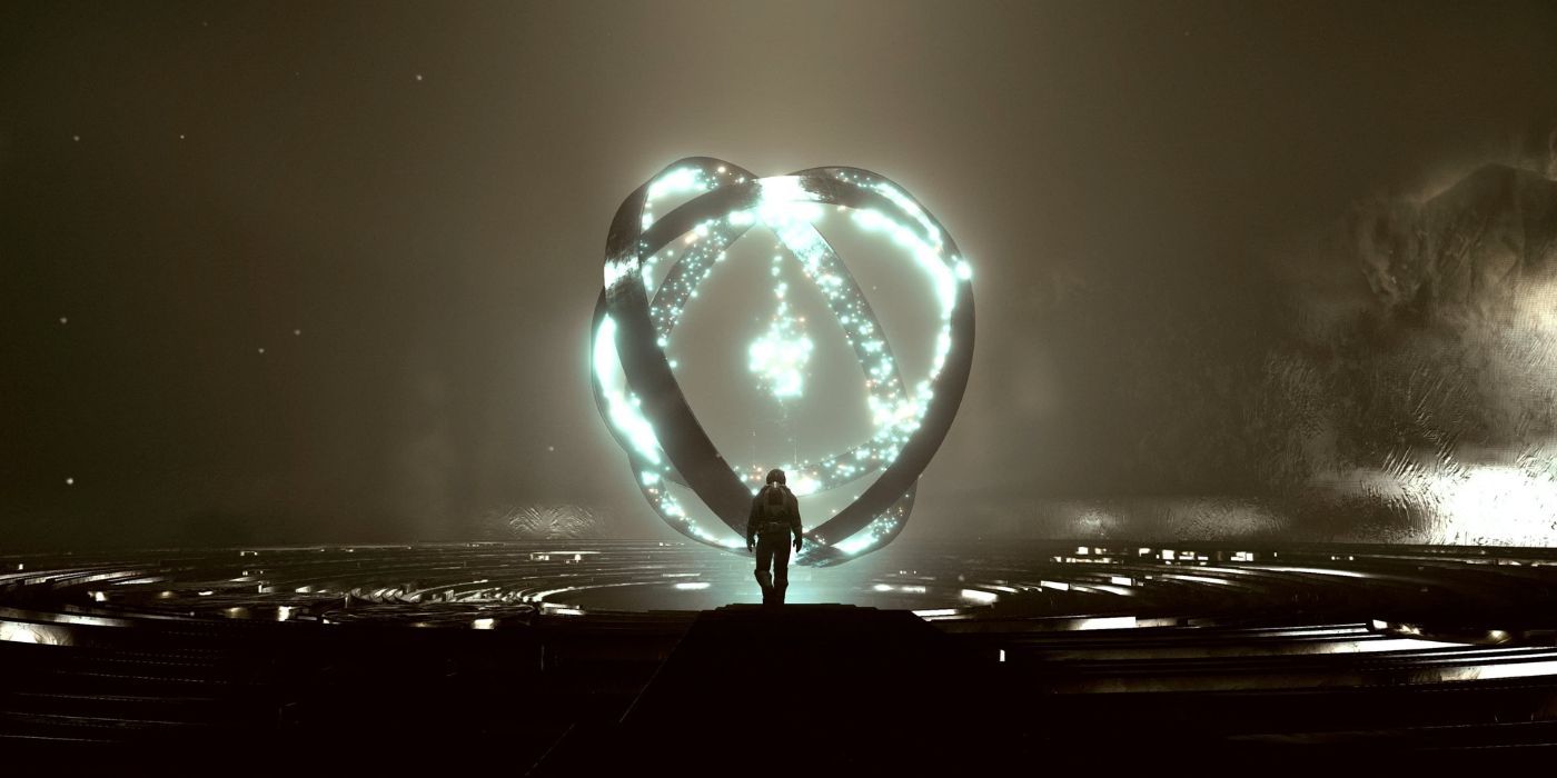 A player silhouetted in front of a glowing energy core in Starfield.