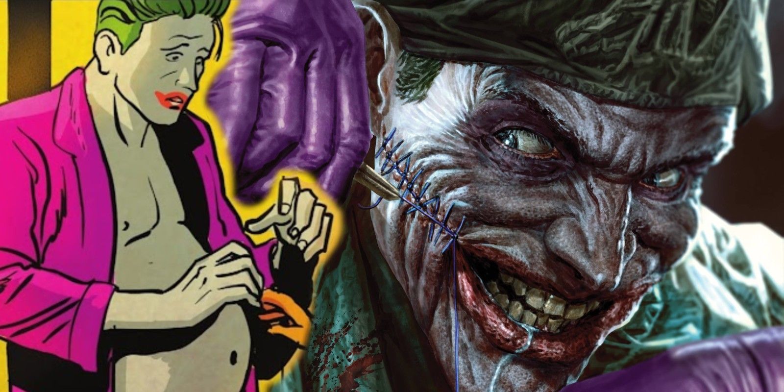 Um Coringa 'grávido' colocado sobre um rosto clássico de Coringa em luvas cirúrgicas e boné