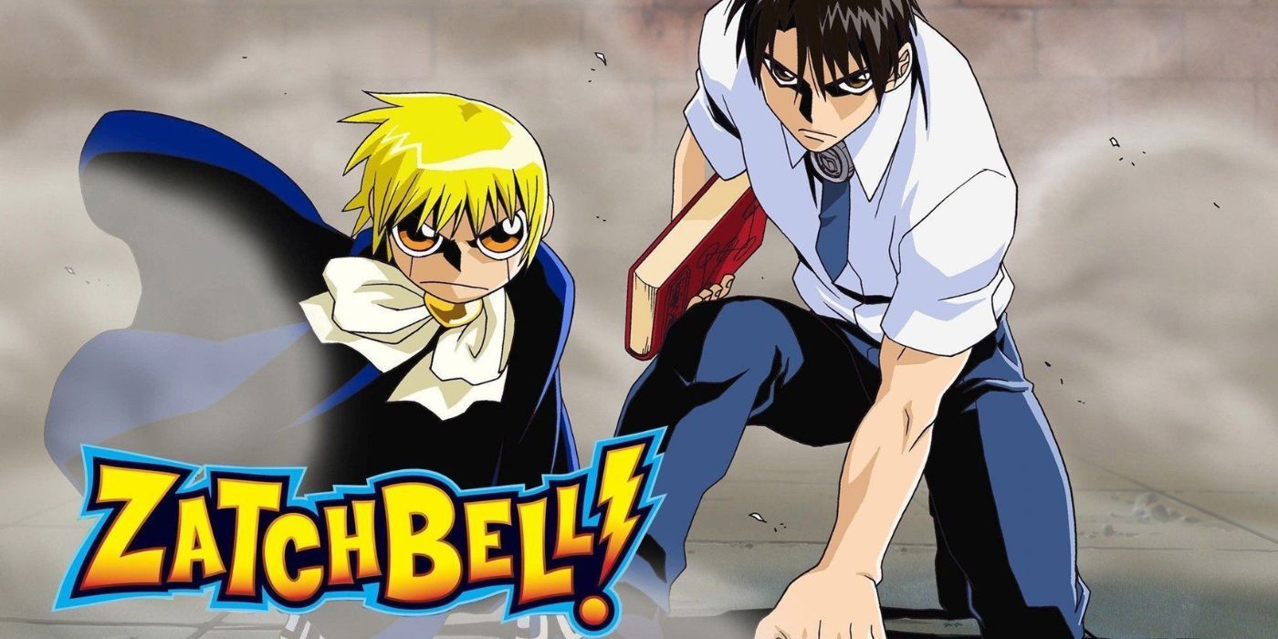 Uma imagem promocional para o anime Zatch Bell com dois personagens agachados-1