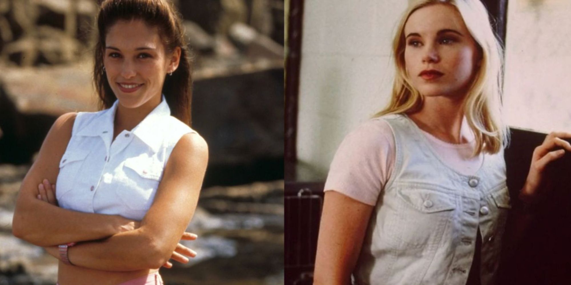 A split image features Kimberly in the Mighty Morphin Power Rangers movie and Kat in Power Rangers Turbo