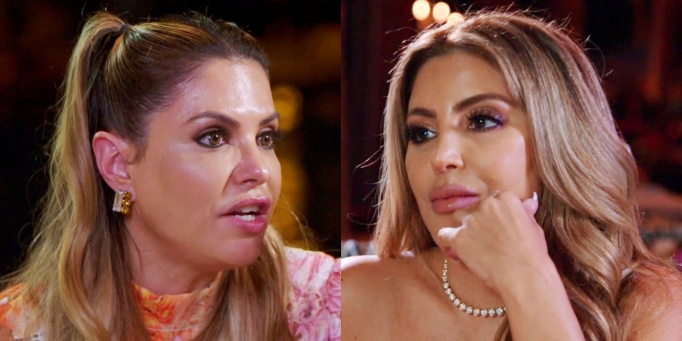 A split image of Adriana and Larsa arguing at dinner on RHOM