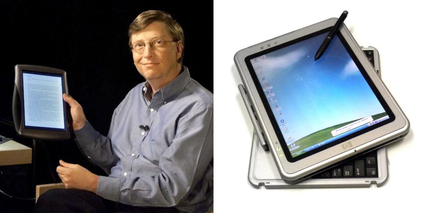 A split image of Bill Gates and the Microsoft Tablet PC