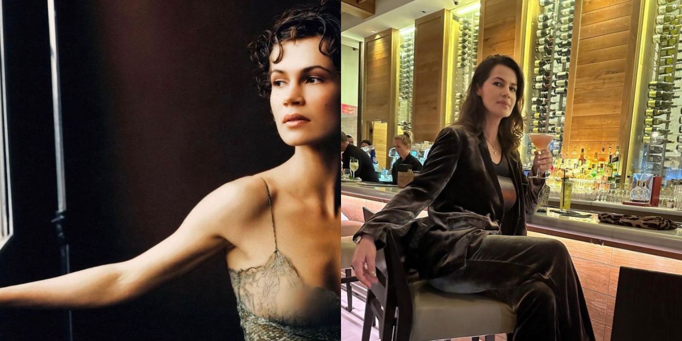 Uma imagem dividida de Julia Lemigova modelando e hoje em um bar 