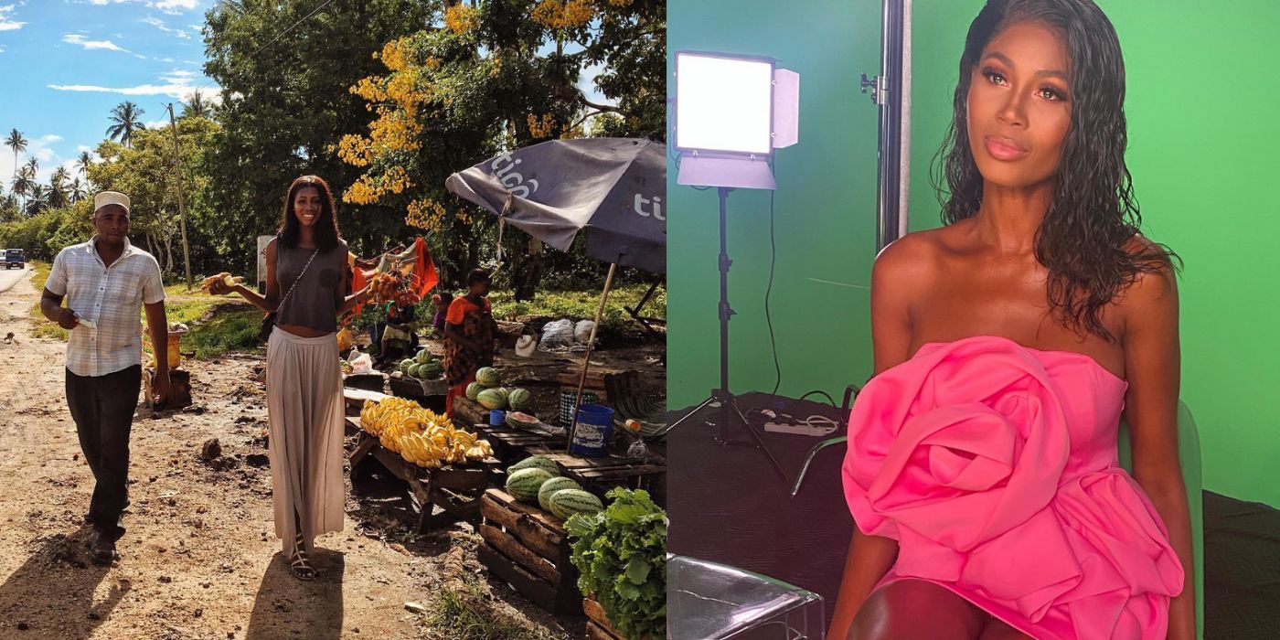 Uma imagem dividida de Kiki Barth fora e na tela verde