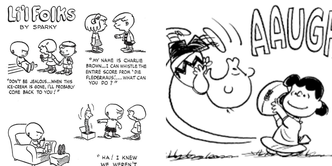 A split image of lil Folks and the peanuts comic strip