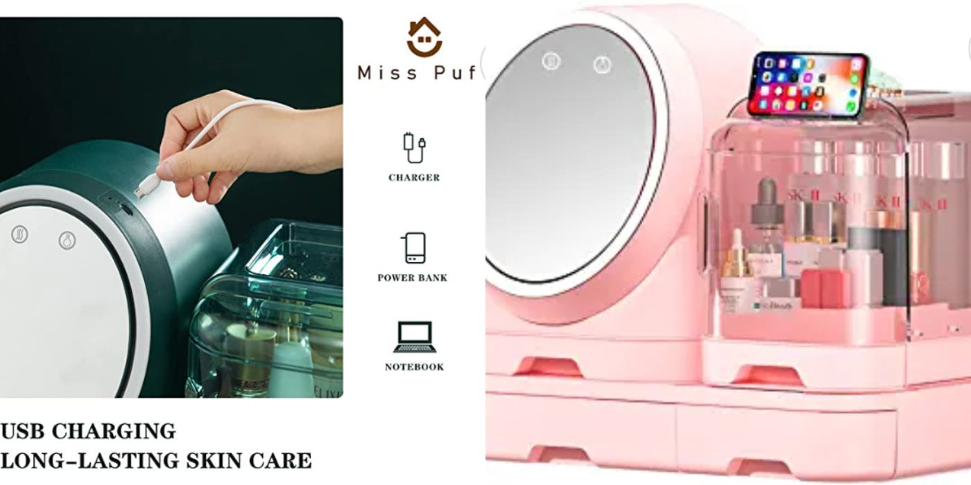 A split image of  Miss Puff Makeup Organizer,Cosmetic Storage