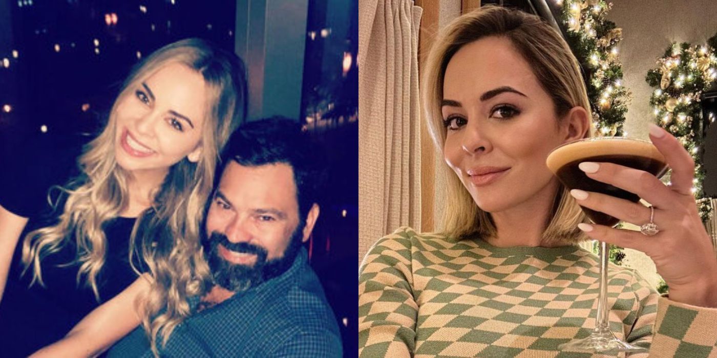 Uma imagem dividida de Nicole Martin com o marido e tomando uma bebida