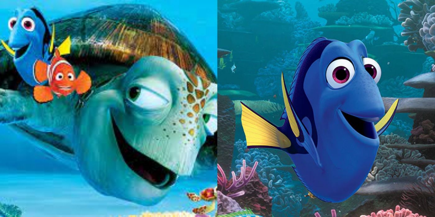 A split screen of Finding Nemo and Finding Dory.