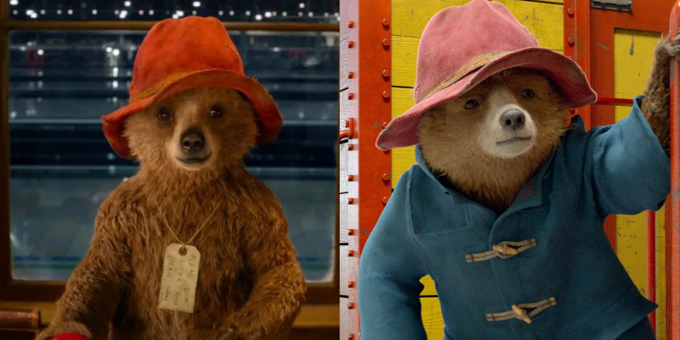 A split screen of Paddington and Paddington 2.