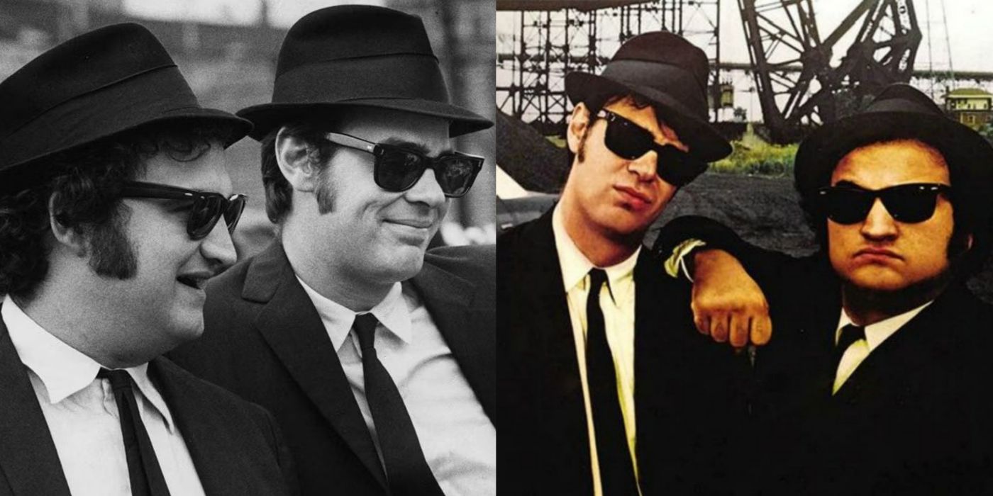 A split screen of The Blues Brothers, Dan Aykroyd And John Belushi in the infamous black suit and ties with black hats and sunglasses 