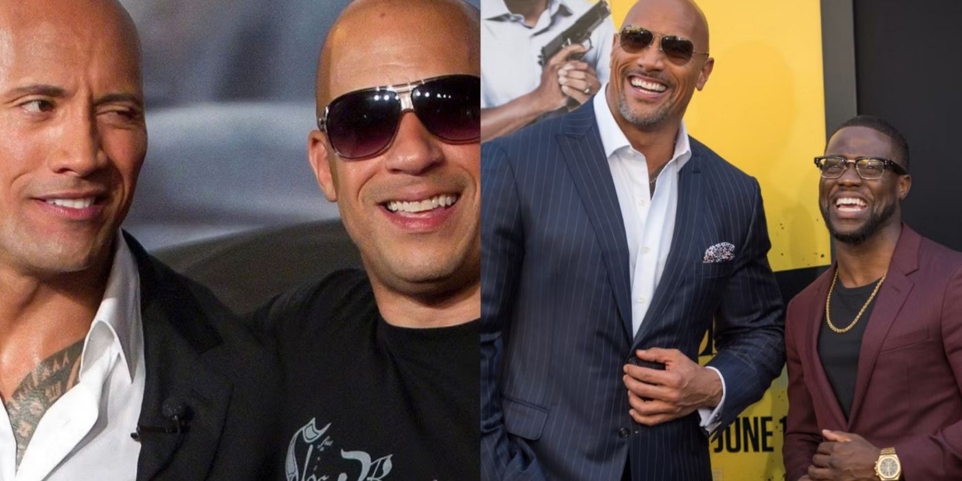 A split screen with Dwayne Johnson and Vin Diesel and Kevin Hart