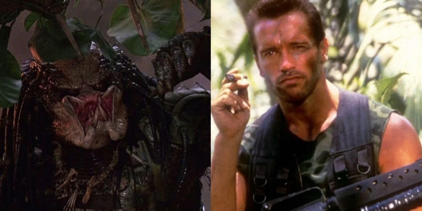 A splitscreen of Predator and Arnold Schwarzenegger