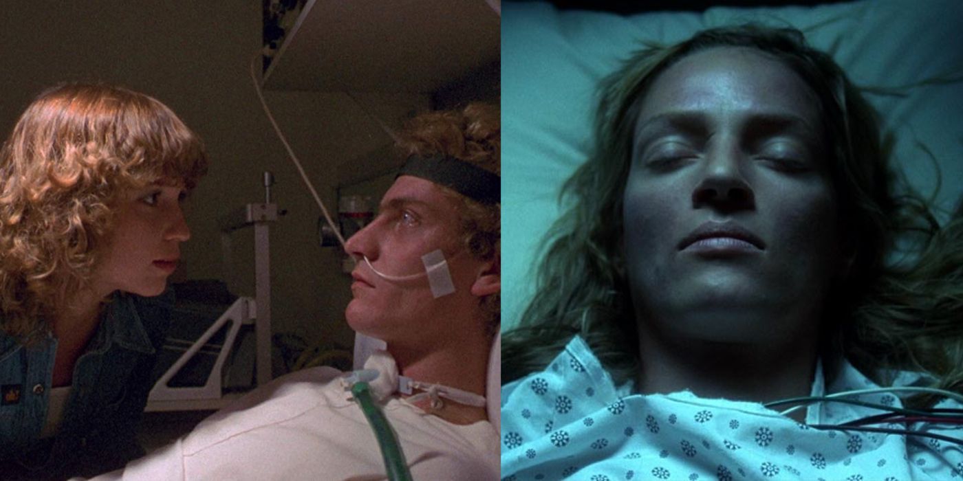 Uma mulher olhando para um homem em Patrick e Uma Thurman deitado em uma cama de hospital em Kill Bill 