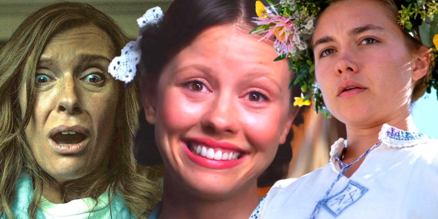 Toni Collette in Hereditary, Mia Goth in Pearl, and Florence Pugh in Midsommar