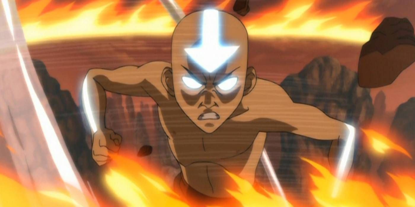 Aang from Avatar: The Last Airbender entering the Avatar State, where his eyes and arrow tattoos glow a bright white.