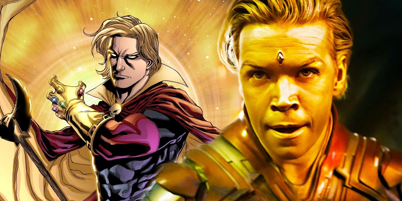 Split Image: Adam Warlock wields the Infinity Gauntlet in Marvel Comics; Will Poulter as Adam Warlock in Guardians of the Galaxy Volume 3 trailer