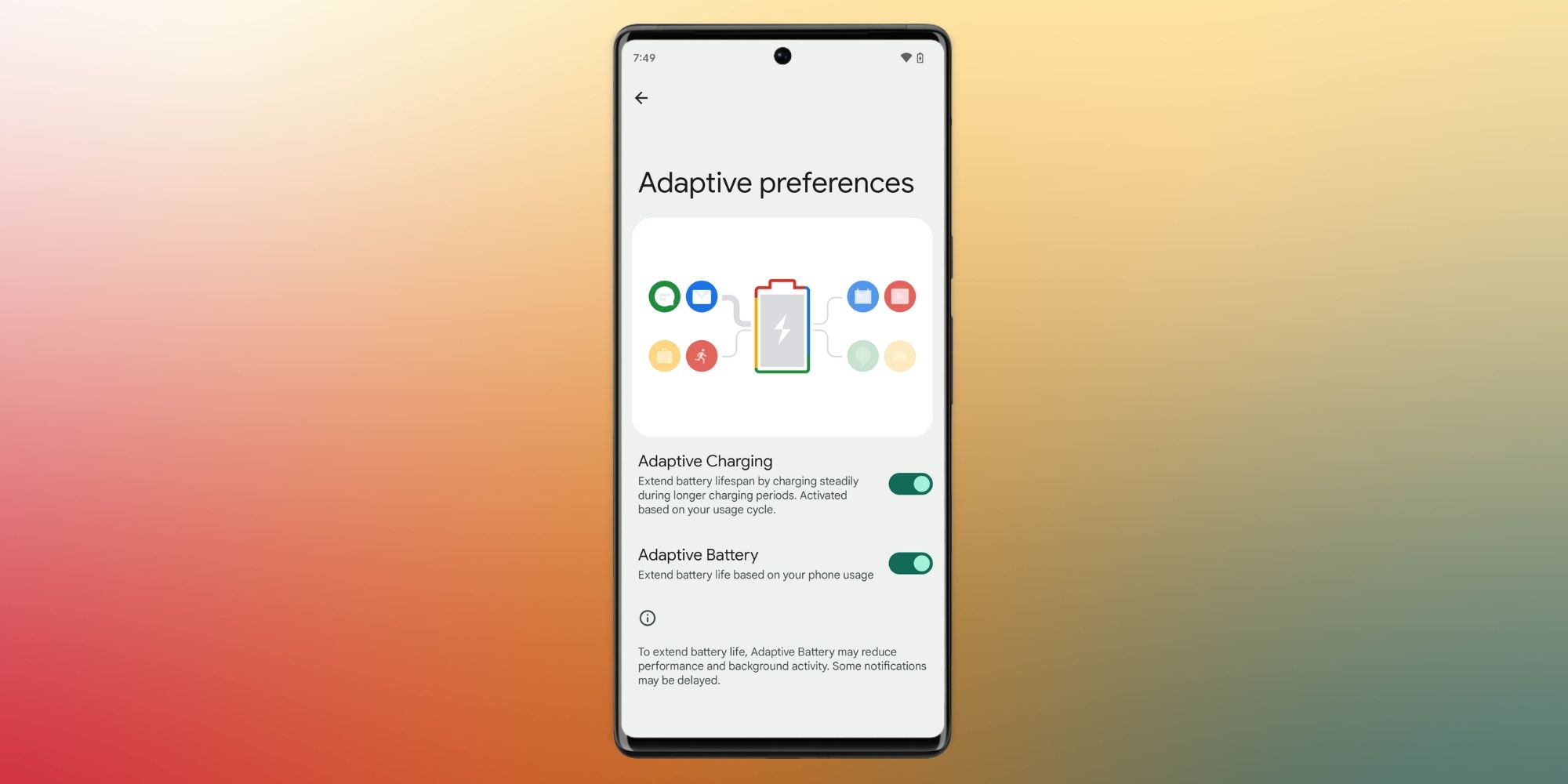 Screenshot of Adaptive Charging on Pixel 7 over a colorful background