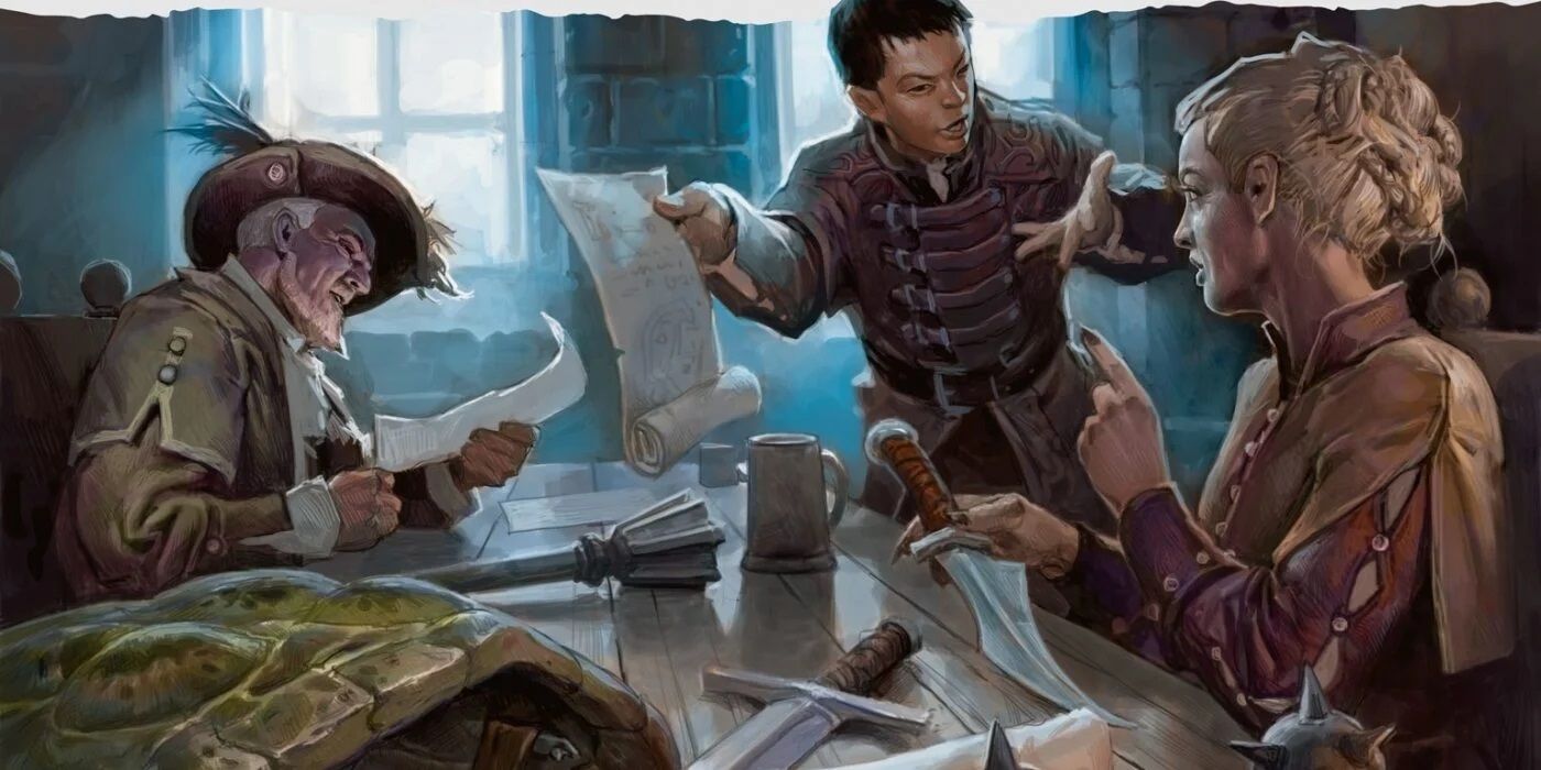 A group of humanoids read, fill out, and discuss some parchment with equipment at the side in DnD.