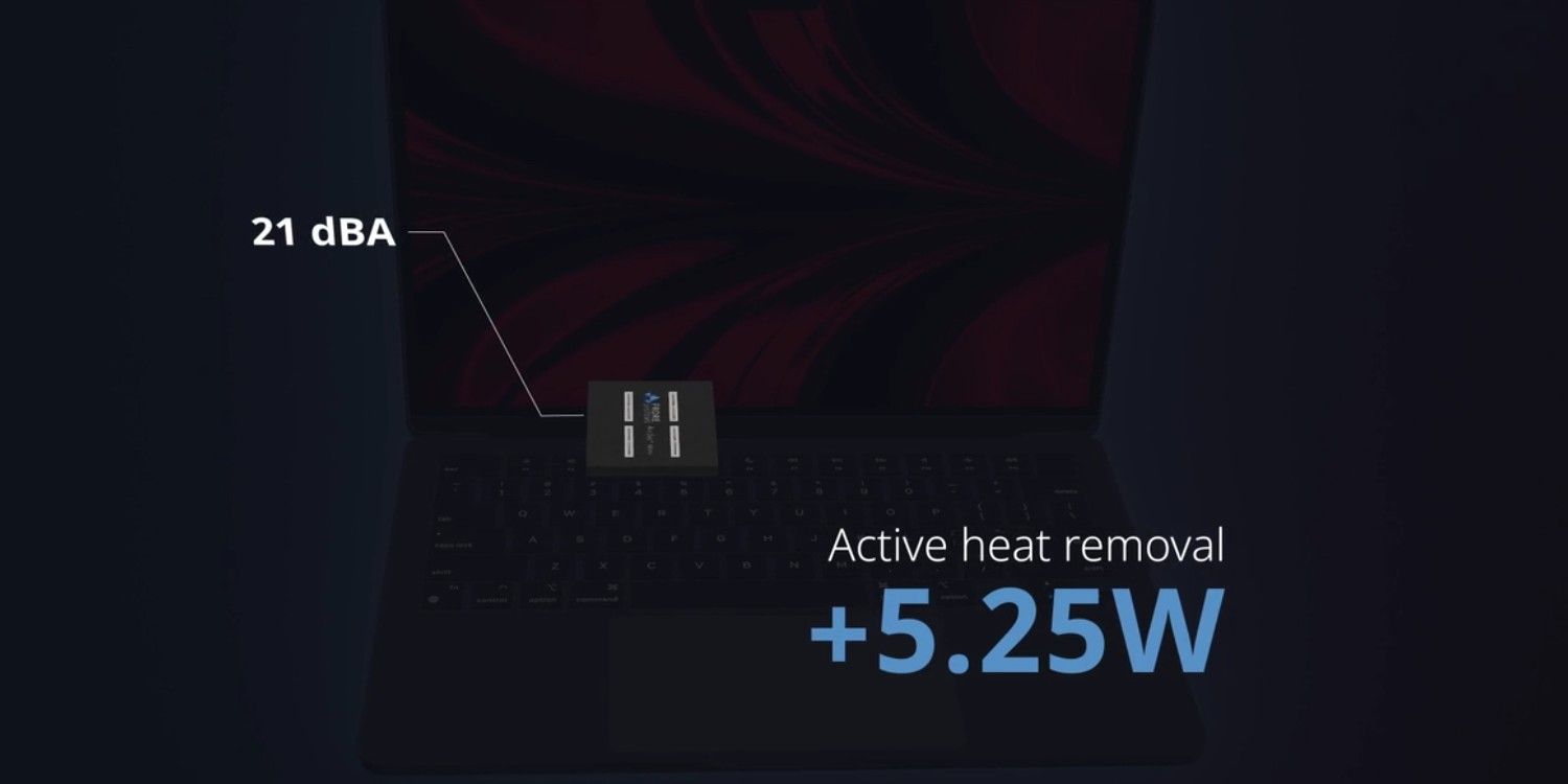 Uma foto mostrando um laptop e os benefícios da solução de resfriamento AirJet