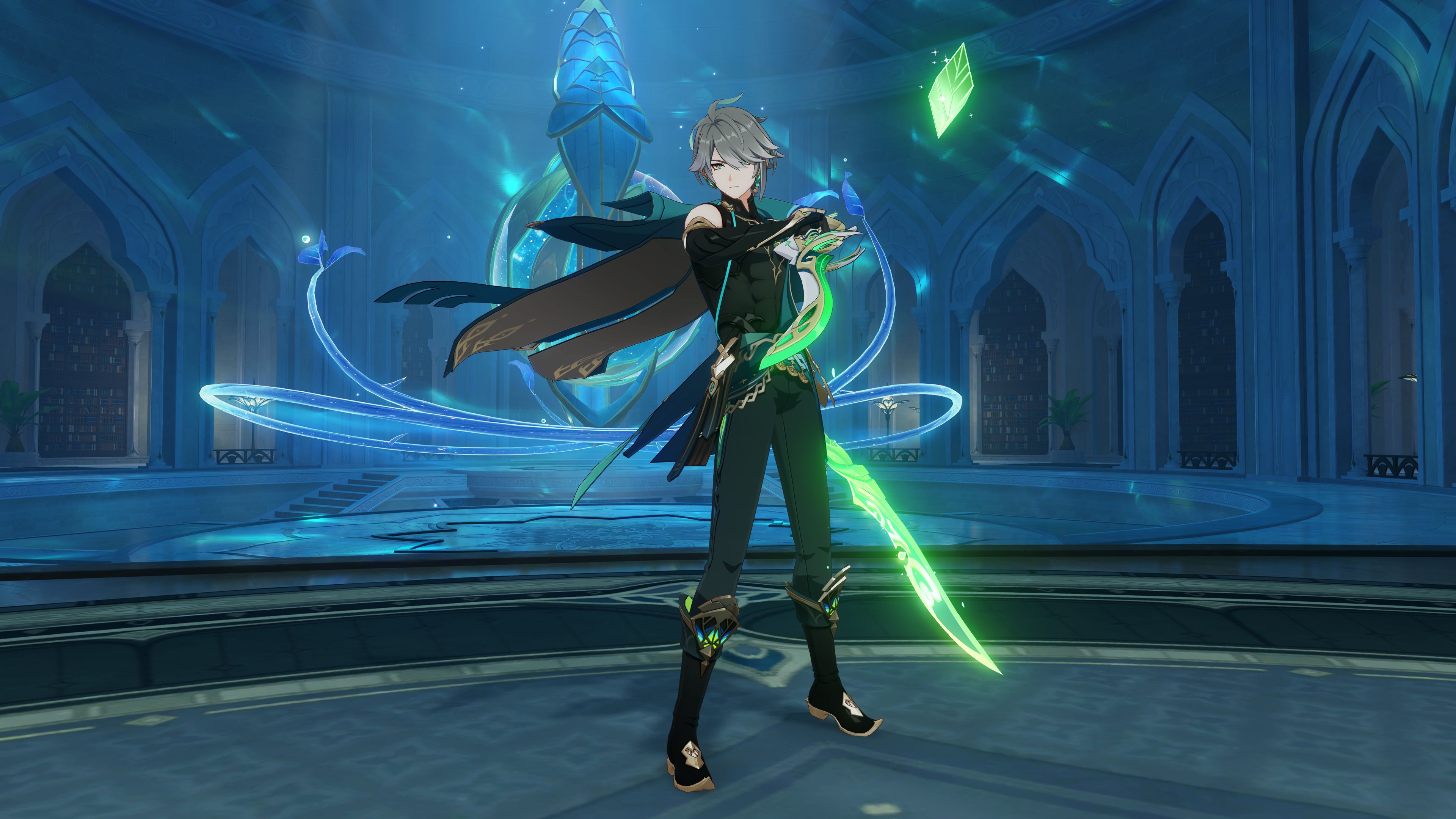Genshin Impact's Alhaitham uses his Elemental Skill in-game inside an Akademiya chamber.